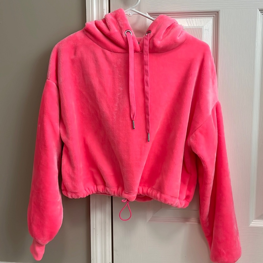 Sommer Ray Faux Fur Cinched Hem Cropped Hoodie Neon Pink Size Small
